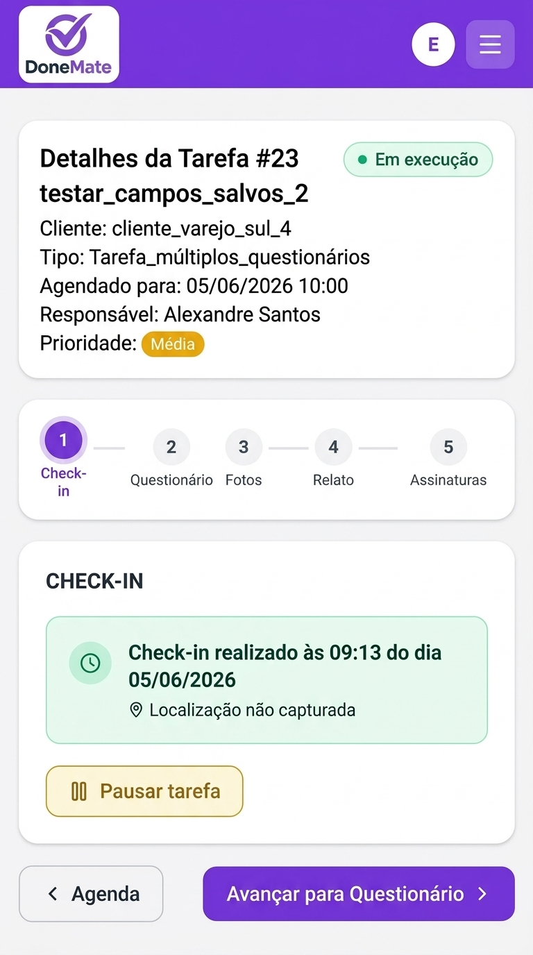 DoneMate: Detalhes da tarefa com etapas e check-in realizado
